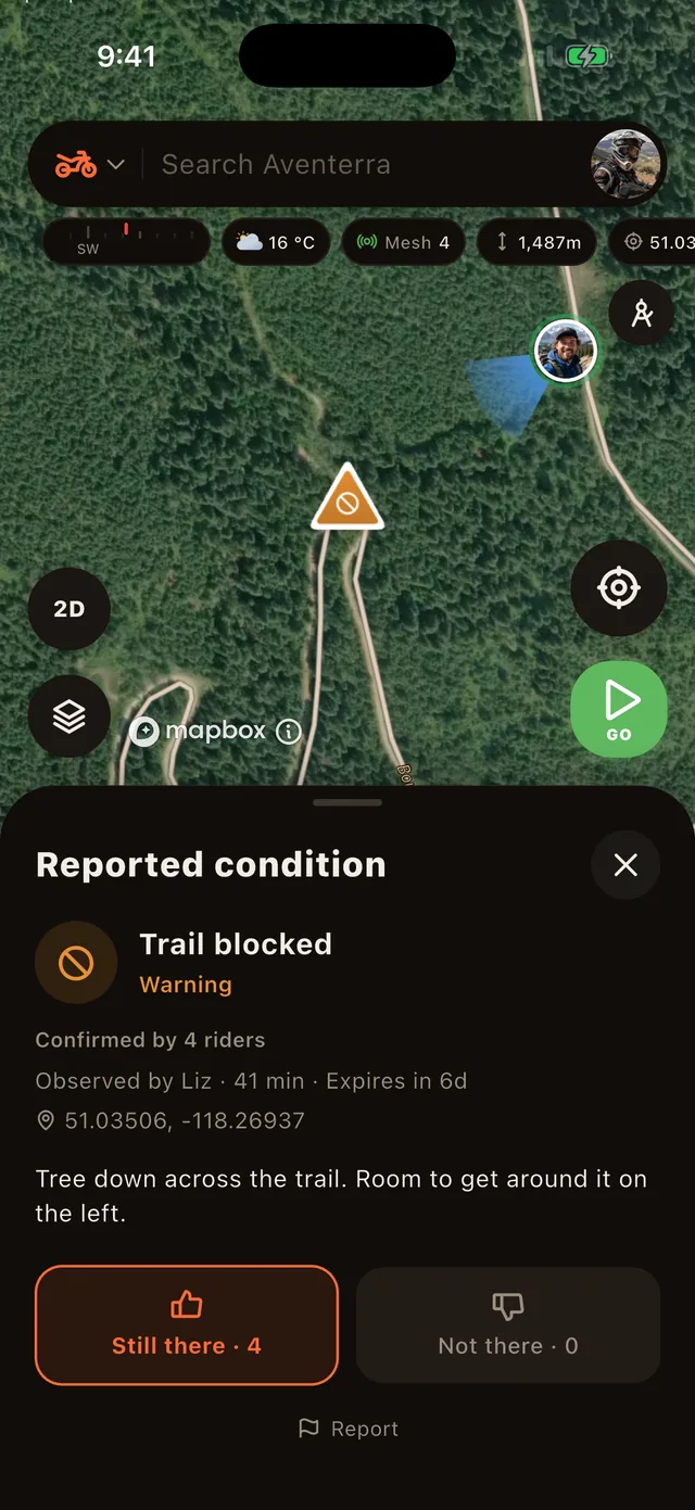 A hazard report with its Still there and Not there votes