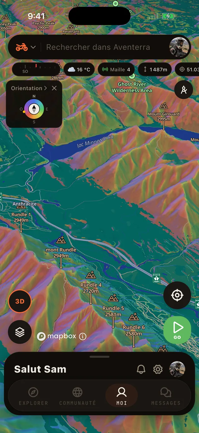 La couche Orientation sur la carte Aventerra, écran complet du téléphone