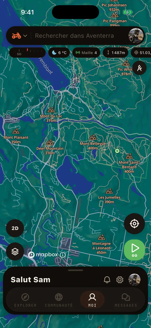 La couche Carte de base sur la carte Aventerra, écran complet du téléphone
