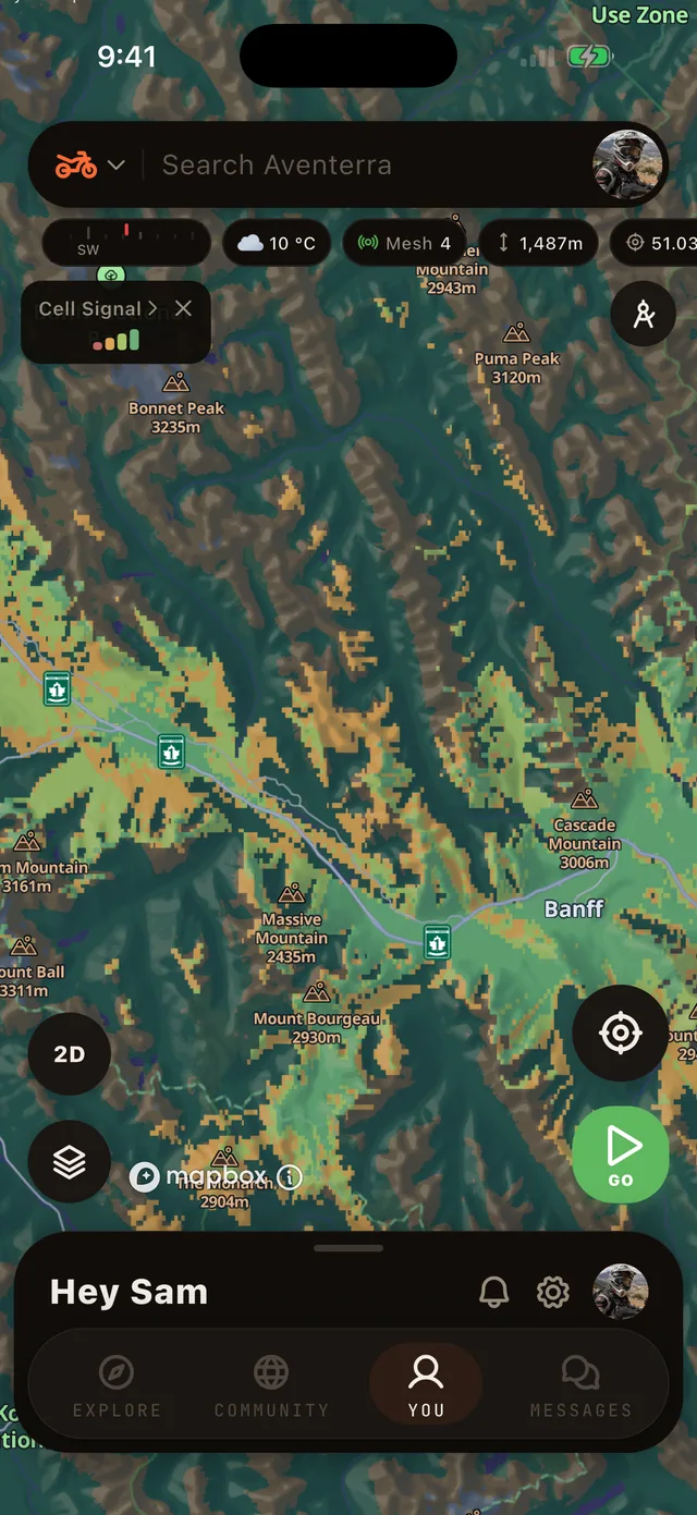 The Cell Signal layer on the Aventerra map, full phone screen