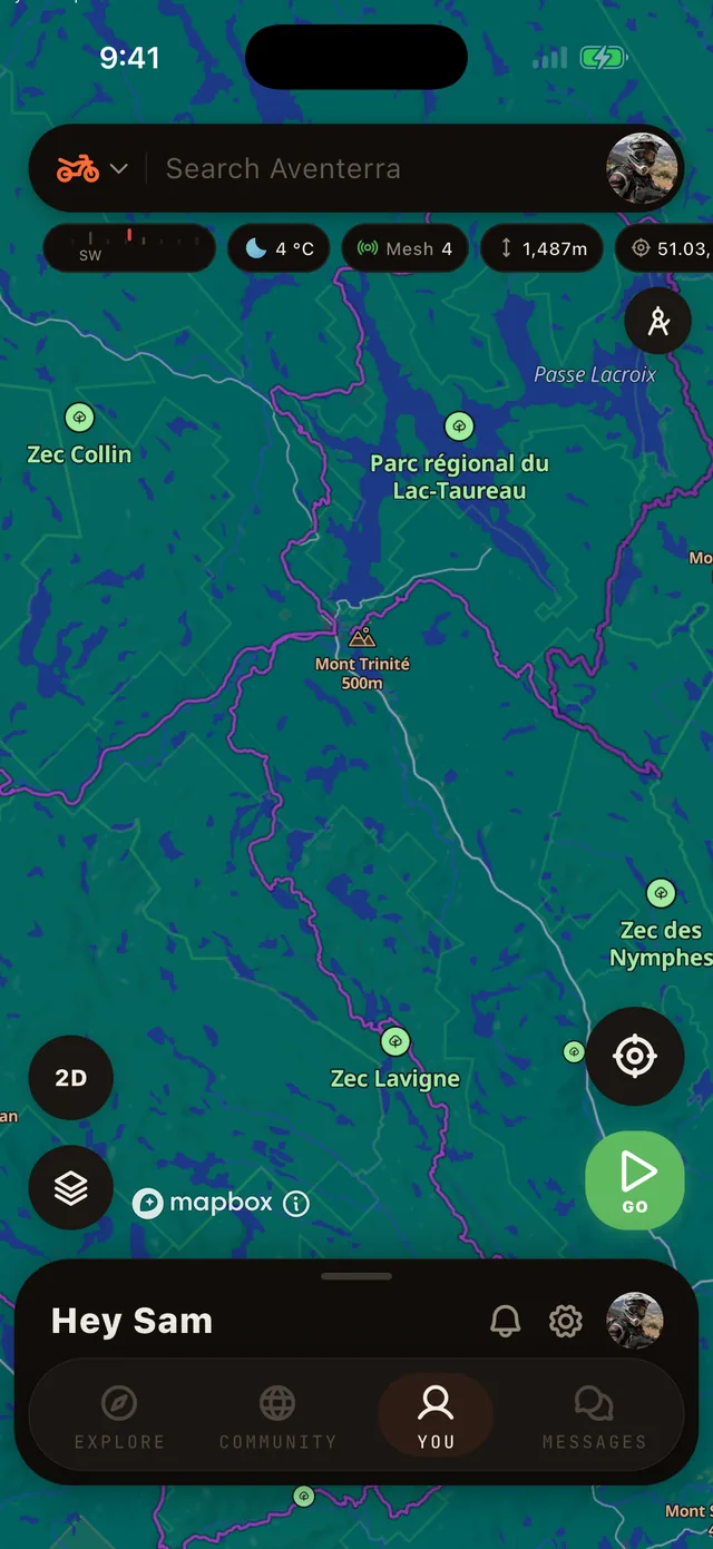 The Dirt Bike Trails layer on the Aventerra map, full phone screen