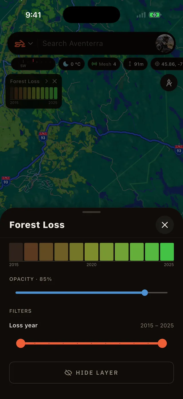 The Forest Loss detail sheet: its legend by year, opacity and the loss year filter
