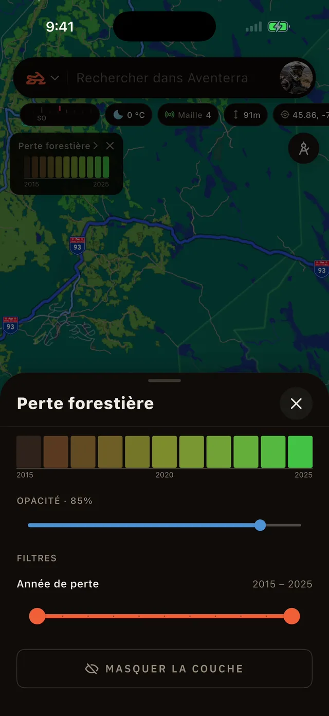 La fiche de la couche Perte forestière : sa légende par année, l'opacité et le filtre d'année de perte