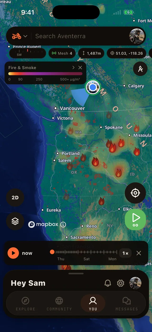 The Fire & Smoke layer on the Aventerra map, full phone screen