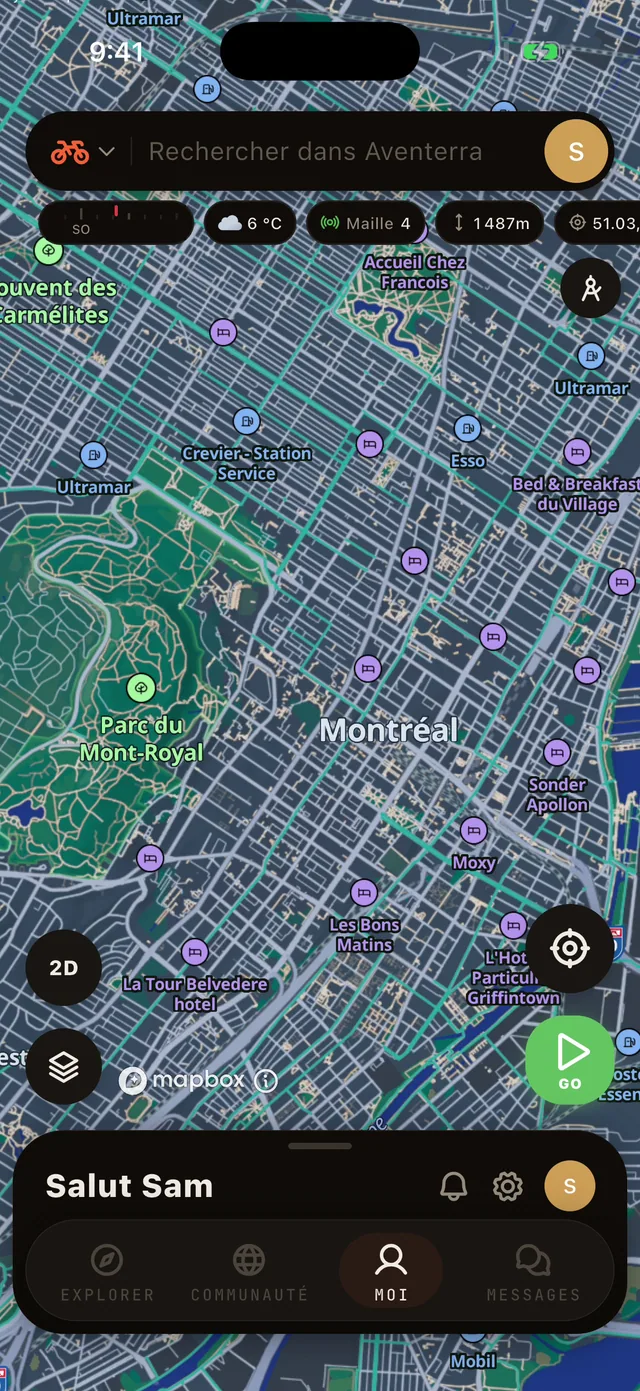 La couche Réseau de vélo de route sur la carte Aventerra, écran complet du téléphone