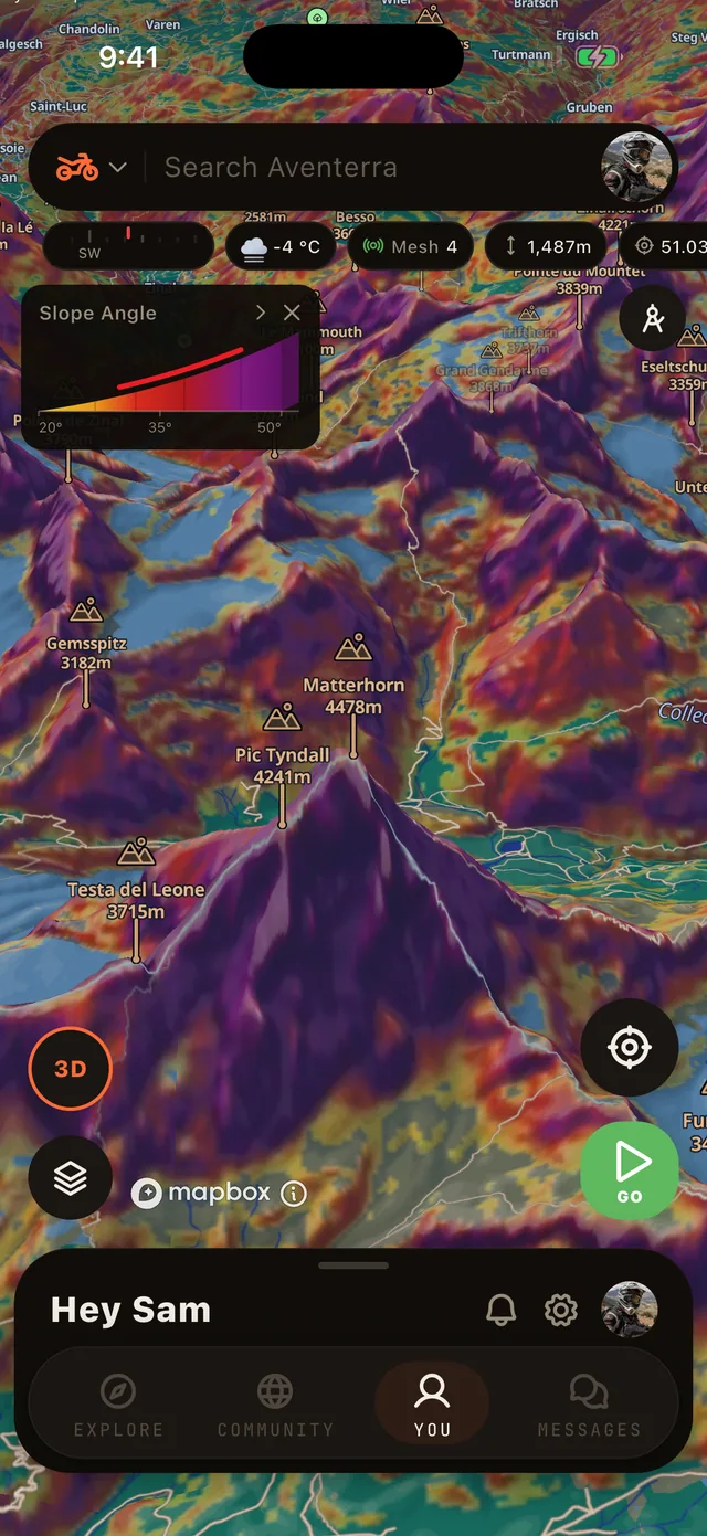 The Slope Angle layer on the Aventerra map, full phone screen