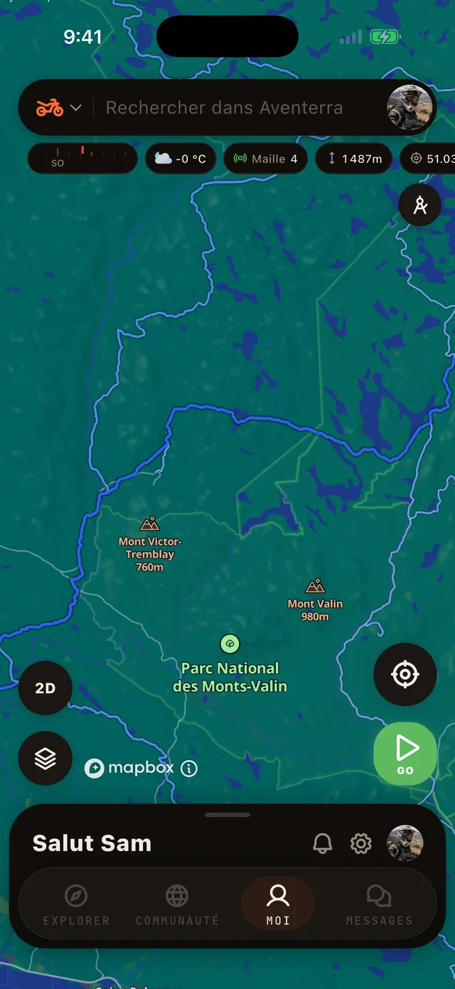 La couche Sentiers de motoneige sur la carte Aventerra, écran complet du téléphone