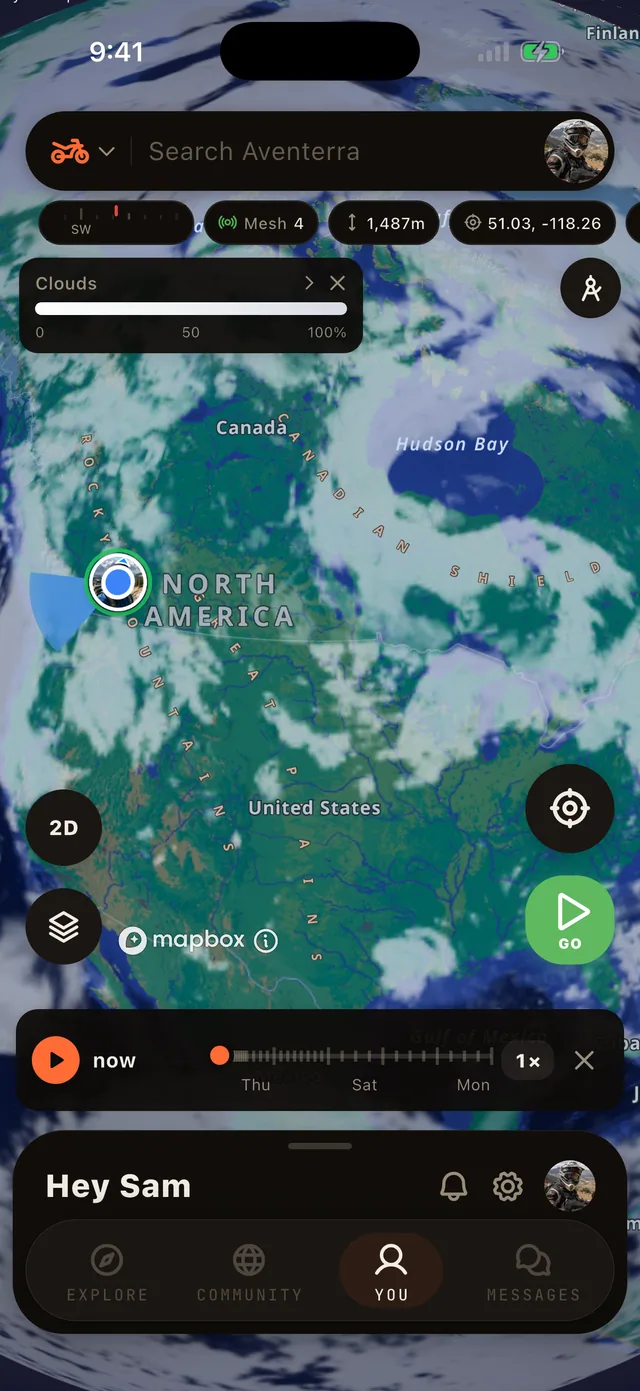 The Clouds layer on the Aventerra map, full phone screen