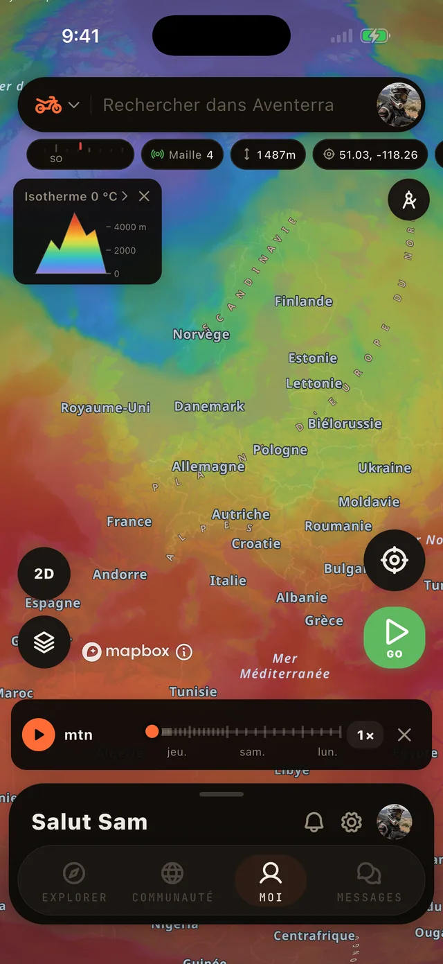 La couche Isotherme 0 °C sur la carte Aventerra, écran complet du téléphone