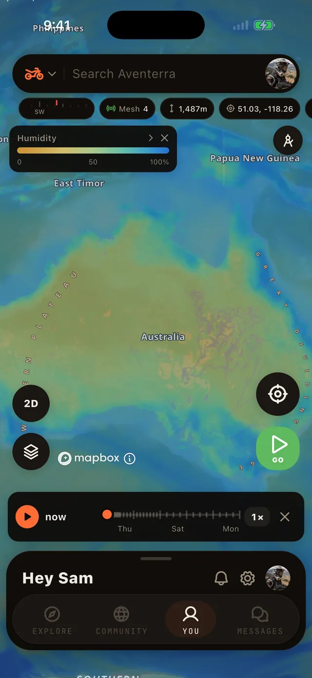 The Humidity layer on the Aventerra map, full phone screen