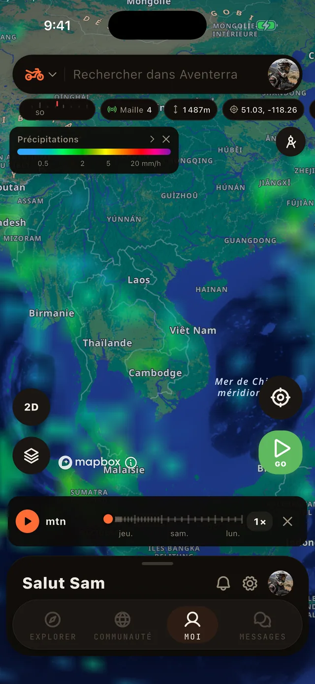 La couche Précipitations sur la carte Aventerra, écran complet du téléphone