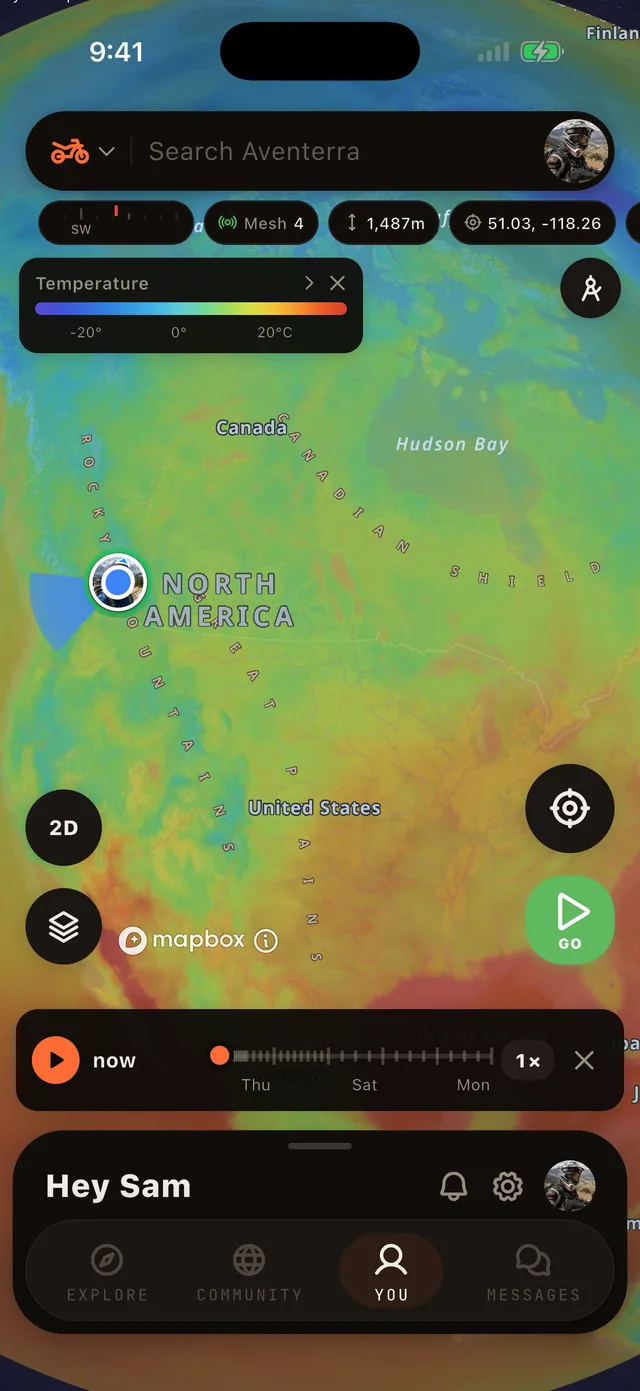 The Temperature layer on the Aventerra map, full phone screen
