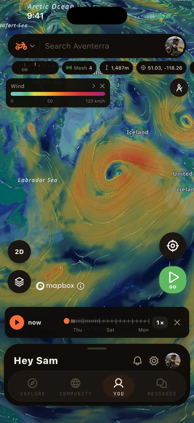 The Wind layer on the Aventerra map, full phone screen