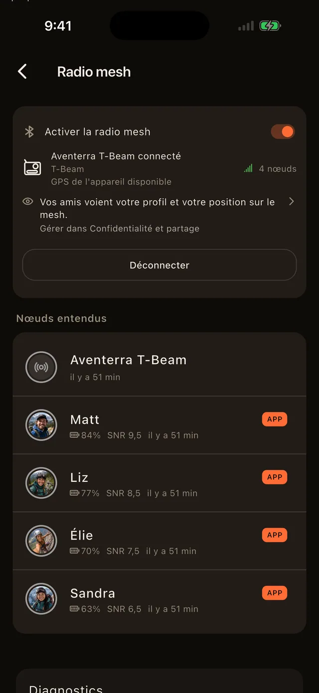 Écran de radio maillée montrant un T-Beam jumelé et les pairs qu'il rejoint