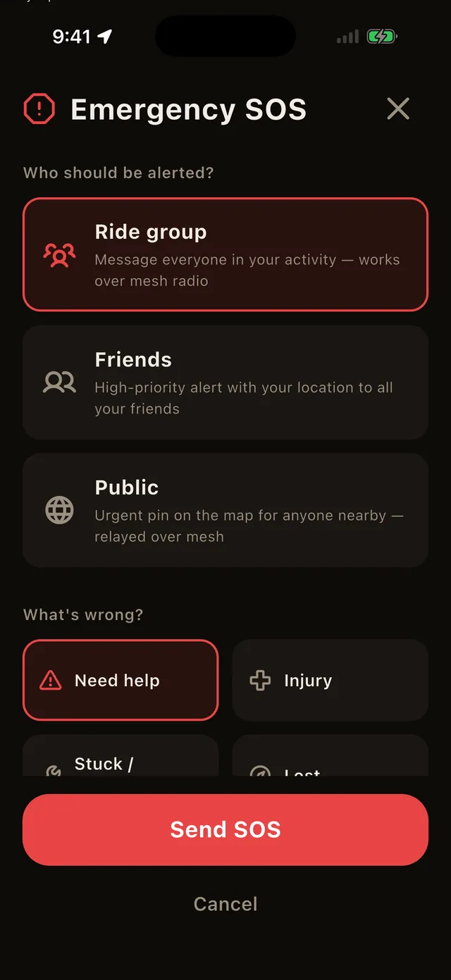 Emergency SOS screen with the audience and situation pickers