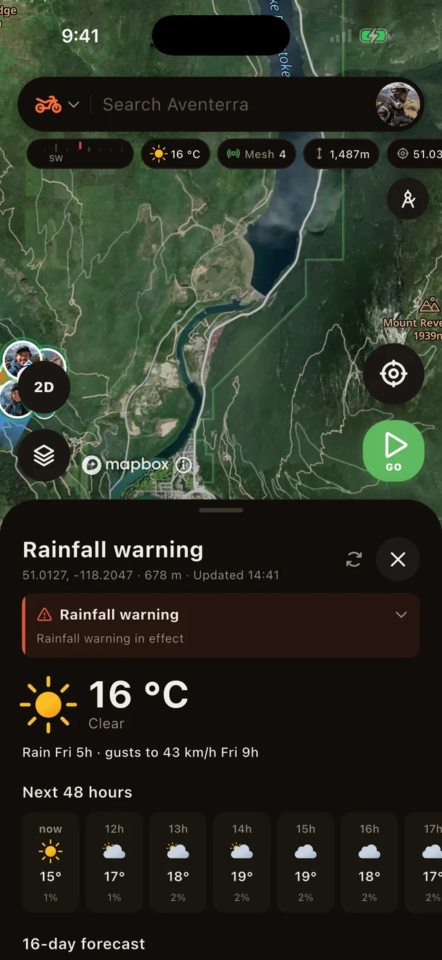 A weather alert on the map, with its detail open