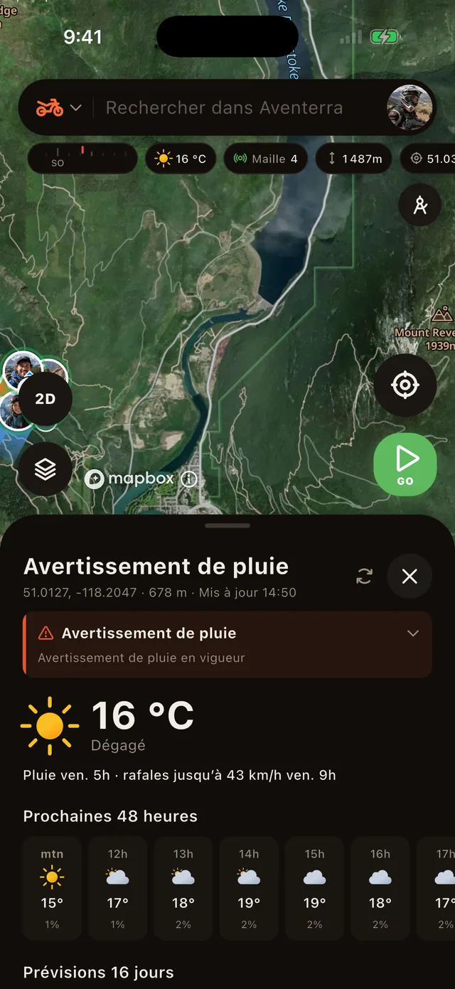 Une alerte météo sur la carte, avec son détail ouvert