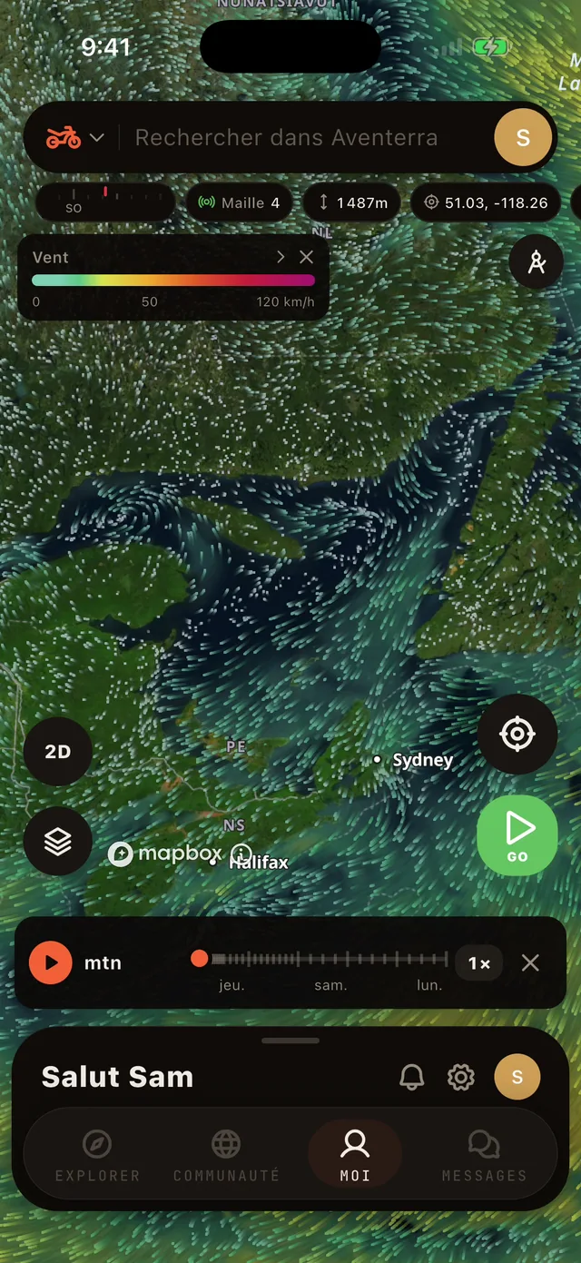 La couche Vent avec la barre de temps au bas de la carte